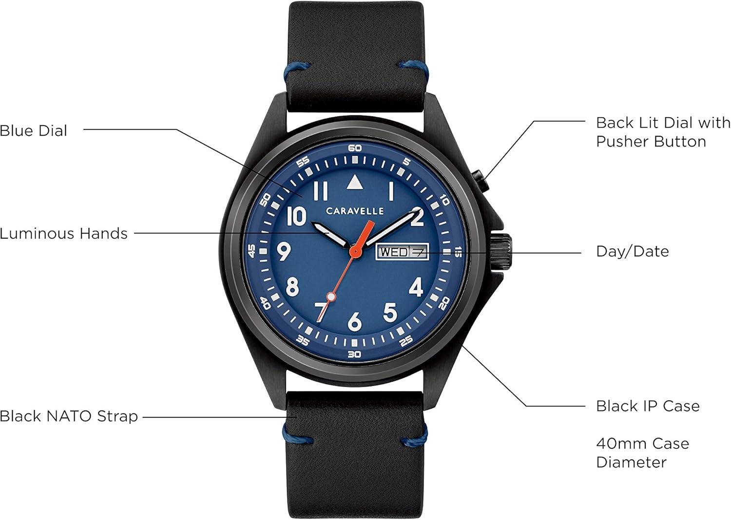 imageMens Traditional 3Hand Day and Date Quartz Watch Light Up Stainless Steel 40mmBlack Leather StrapBlackBlue Dial