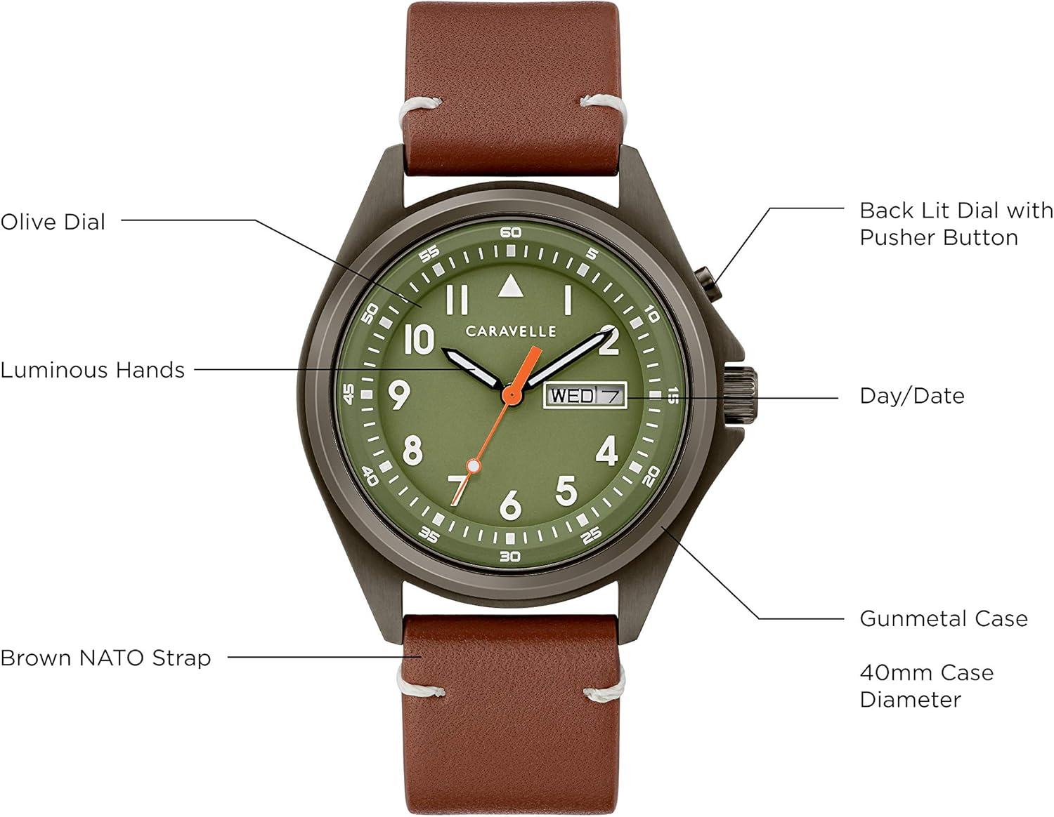 imageMens Traditional 3Hand Day and Date Quartz Watch Light Up Stainless Steel 40mmBrown Leather StrapGreyGreen Dial