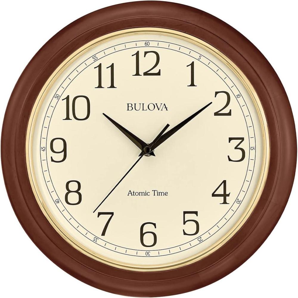 imageBulova Atomic Time 2 Analog Wall Clock C5004 124 Wooden Frame Sets Time Automatically Quartz Movement Battery Operated Classic DesignLarge