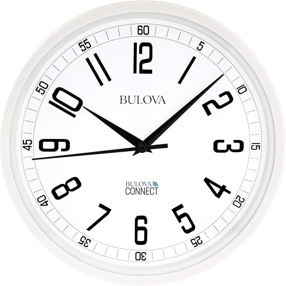 imageBulova C5002 Accuracy Wall Clock Ultra High Precision Quartz Movement Oversized 125 Modern White Round Frame EasytoRead Numbers Automatically Adjusts to Daylight Savings BatteryPowered
