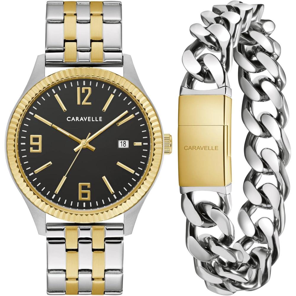 imageBulova Caravelle Mens Classic TwoTone Stainless Steel 3Hand Date Watch and Bracelet Box Set 41mm Style 45K000