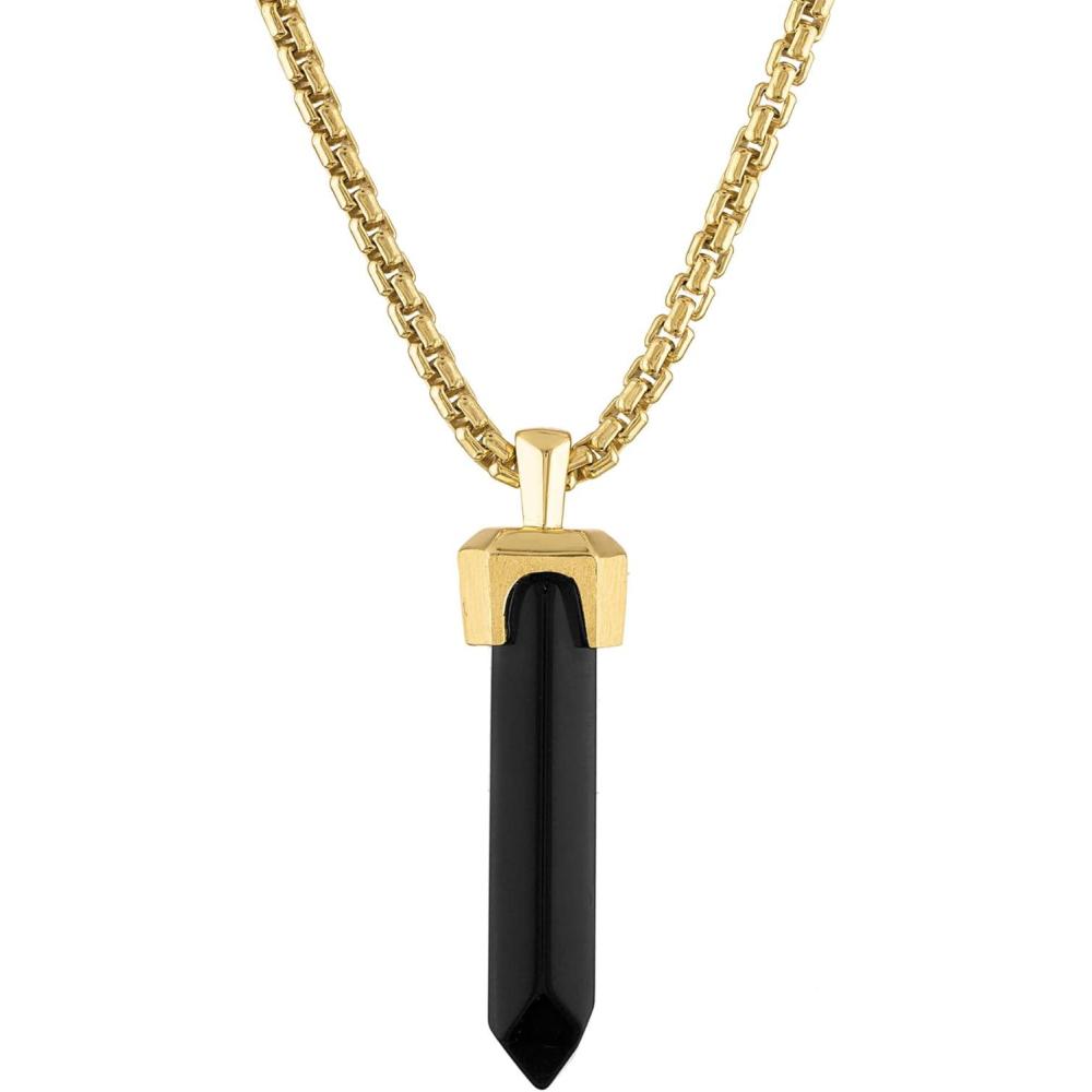 imageBulova Jewelry Mens Icon Black Onyx Obelisk Shaped Pendant 14k Yellow Gold Plated Sterling Silver Round Box Link Chain Necklace Length 24 to 26 Style BVP1017YSBA