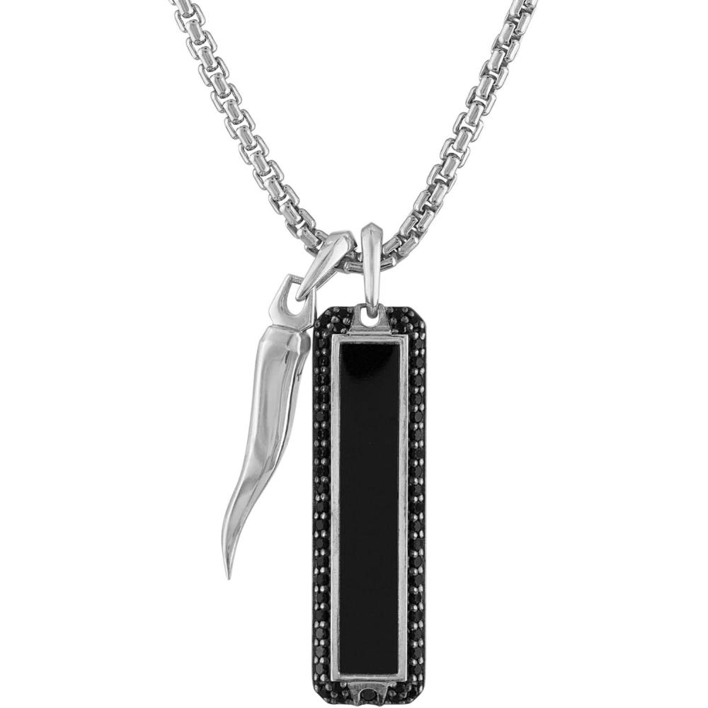imageBulova Jewelry Mens Icon Black Onyx and Black Diamond Amulet Sterling Silver Pendant and Rounded Box Link Chain Necklace Length 2426 StyleBVP1032WSAA