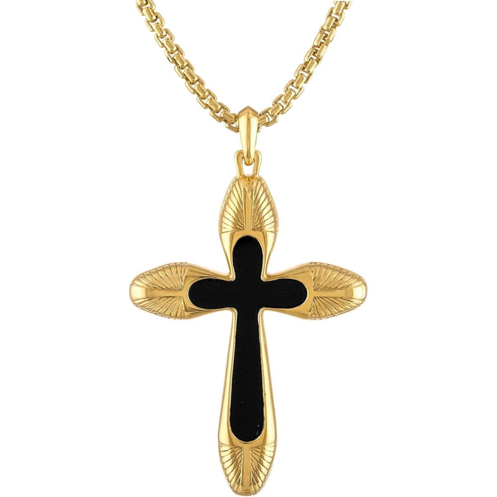 imageBulova Mens Jewelry 14k GoldPlated Sterling Silver Necklace Cross Pendant with Black Agate Inlay and Round Box Link Chain StyleBVP1018YSBA