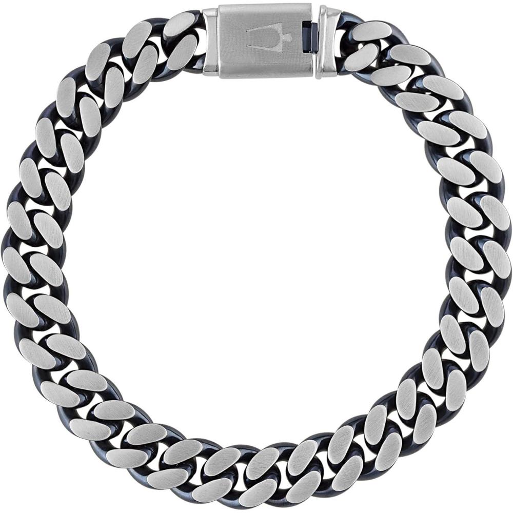 imageBulova Mens Jewelry Classic Curb Chain Dual Surface Blue IP and Brushed Stainless Steel 10MM Bracelet80MM