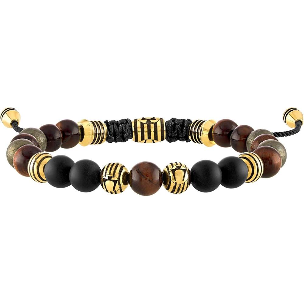 imageBulova Mens Jewelry Classic SemiPrecious Beaded Bolo Bracelet Stainless Steel Matte Black Onyx Sliding Clasp 8MM BeadsBrown Tigers Eye Matte Pyrite