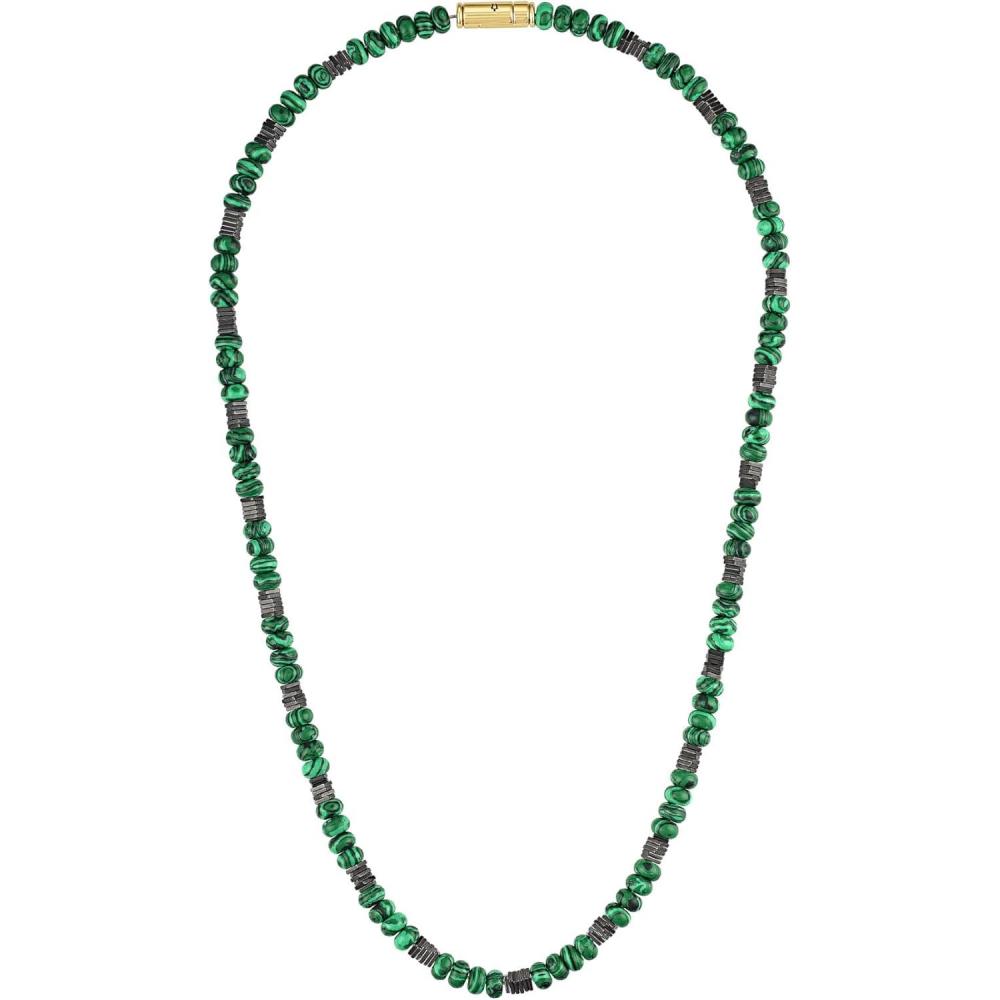 imageBulova Mens Jewelry Classic SemiPrecious Beaded NecklaceMalachite Hematite 14K Gold Sterling Silver