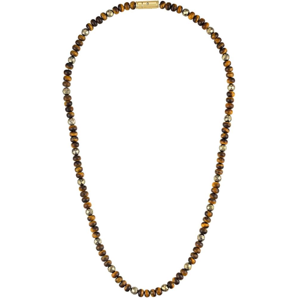 imageBulova Mens Jewelry Classic SemiPrecious Beaded NecklaceTigers Eye Pyrite 14K Gold Sterling Silver
