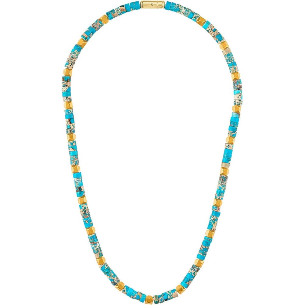 imageBulova Mens Jewelry GoldTone Sterling Silver Necklace CylinderShaped Turquoise Etched With Bulovas Signature Tuning Fork Logo Length 22 Style BVC1041YSTQ