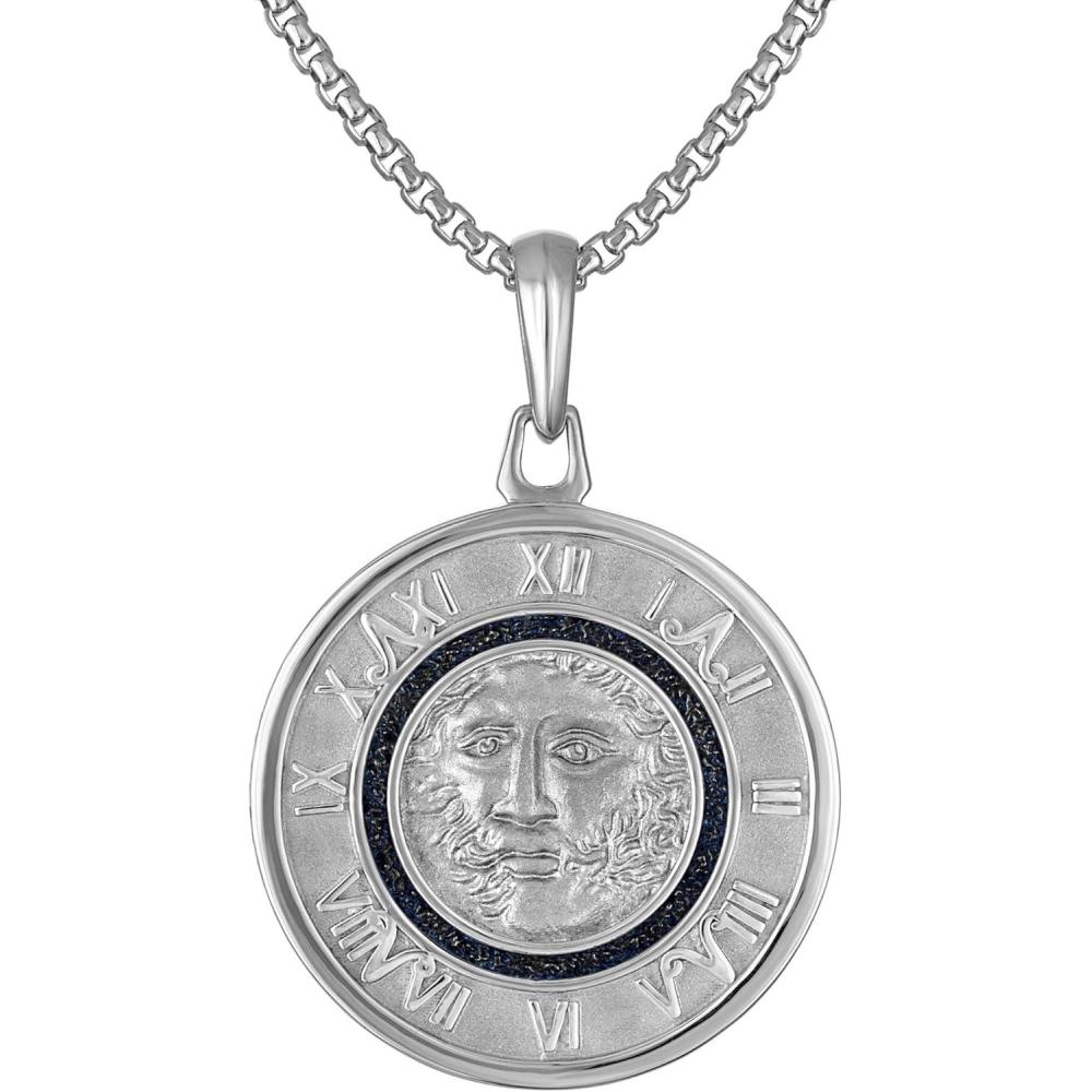 imageBulova Mens Jewelry SilverTone Sterling Silver Pendant AntiquedBlack Frame Surrounding A Closeup Of Chronos The God Of Time Rounded Box Link Chain Necklace Length 24 To 26 Style BVP1111WSNA