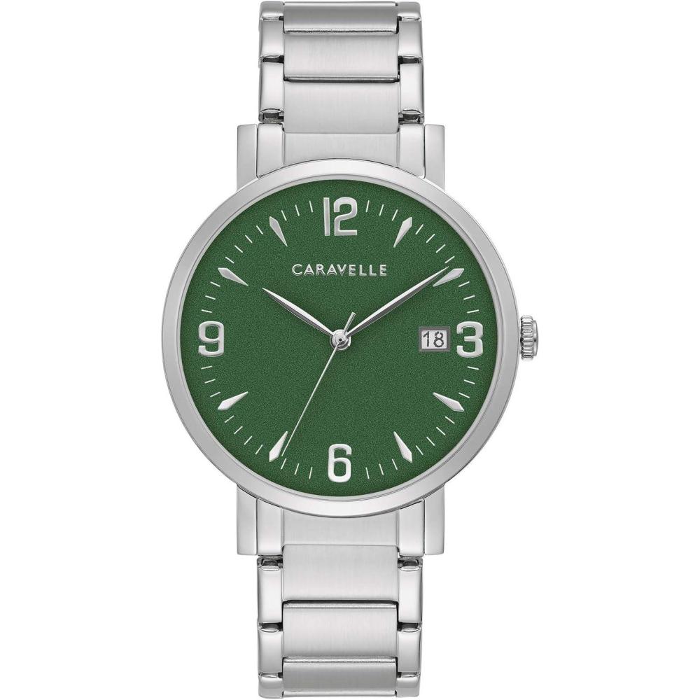 imageCaravelle by Bulova Dress 3Hand Date Quartz Mens Watch Stainless SteelSilverToneGreen dial