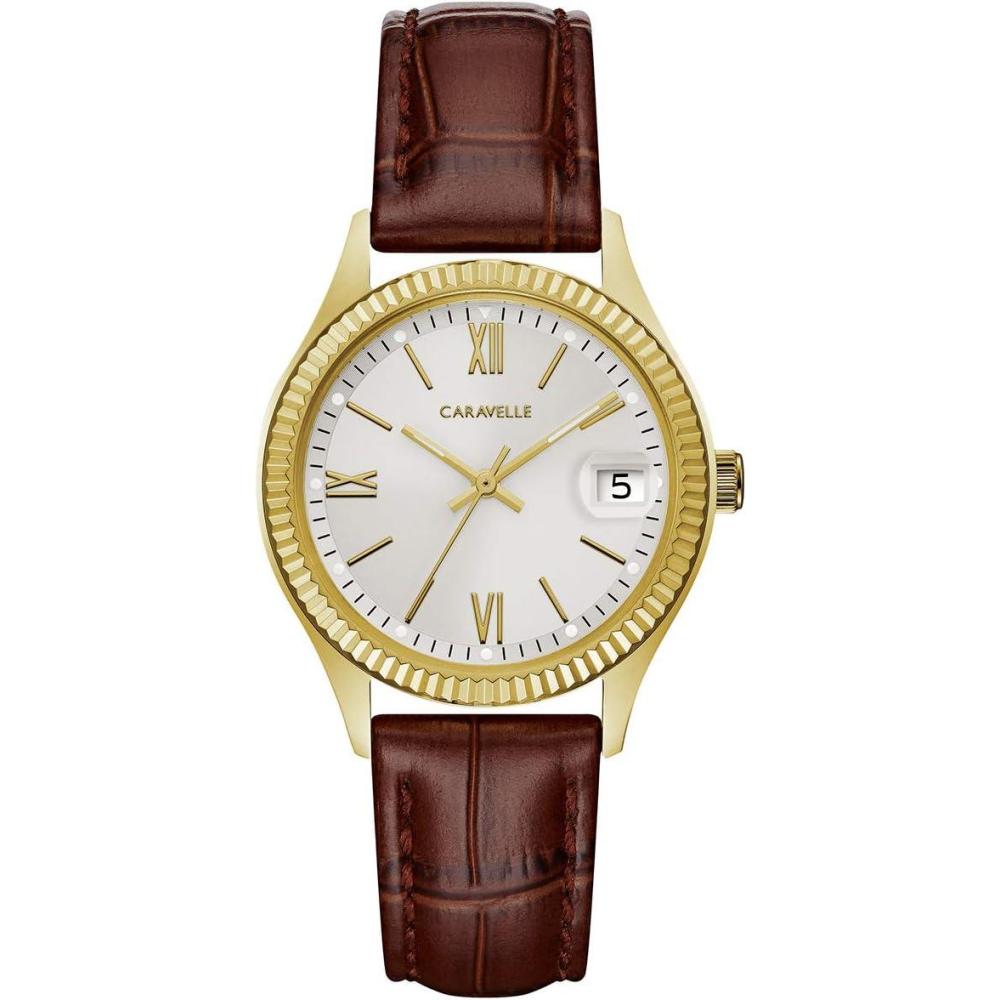 imageCaravelle by Bulova Dress Quartz Ladies Watch Stainless Steel with Brown Leather Strap Dress GoldTone Model 44M111