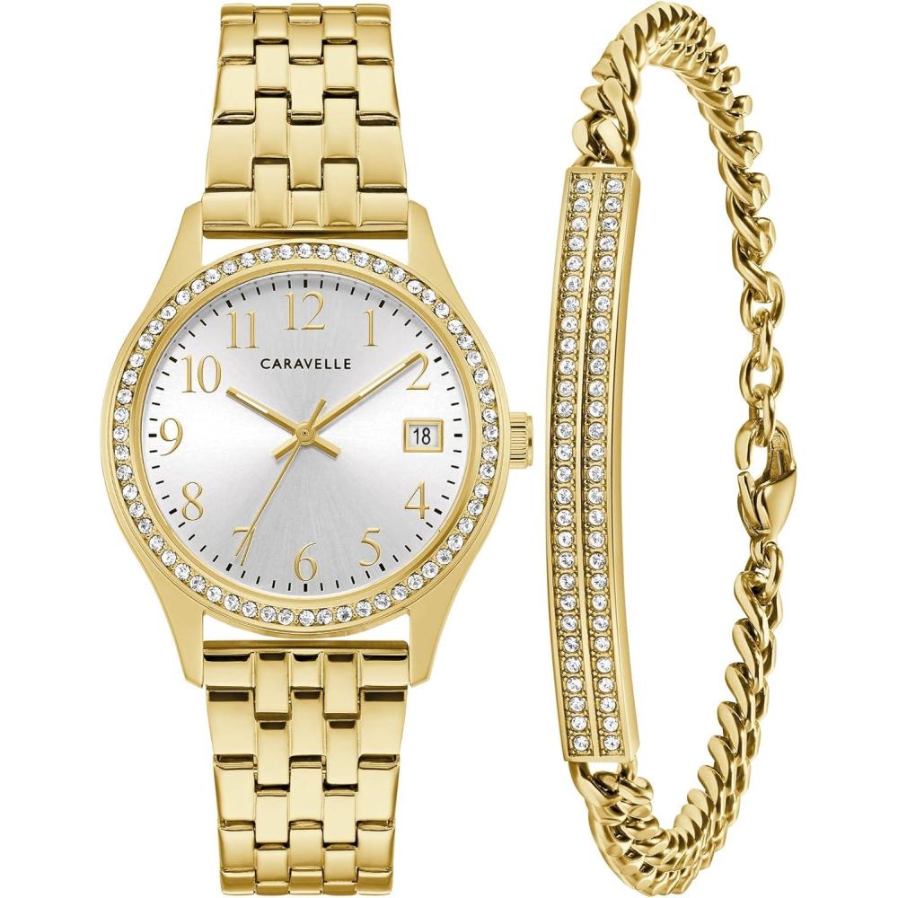 imageCaravelle by Bulova Ladies Crystal Watch and Bracelet Gift Set DayDateGold Tone