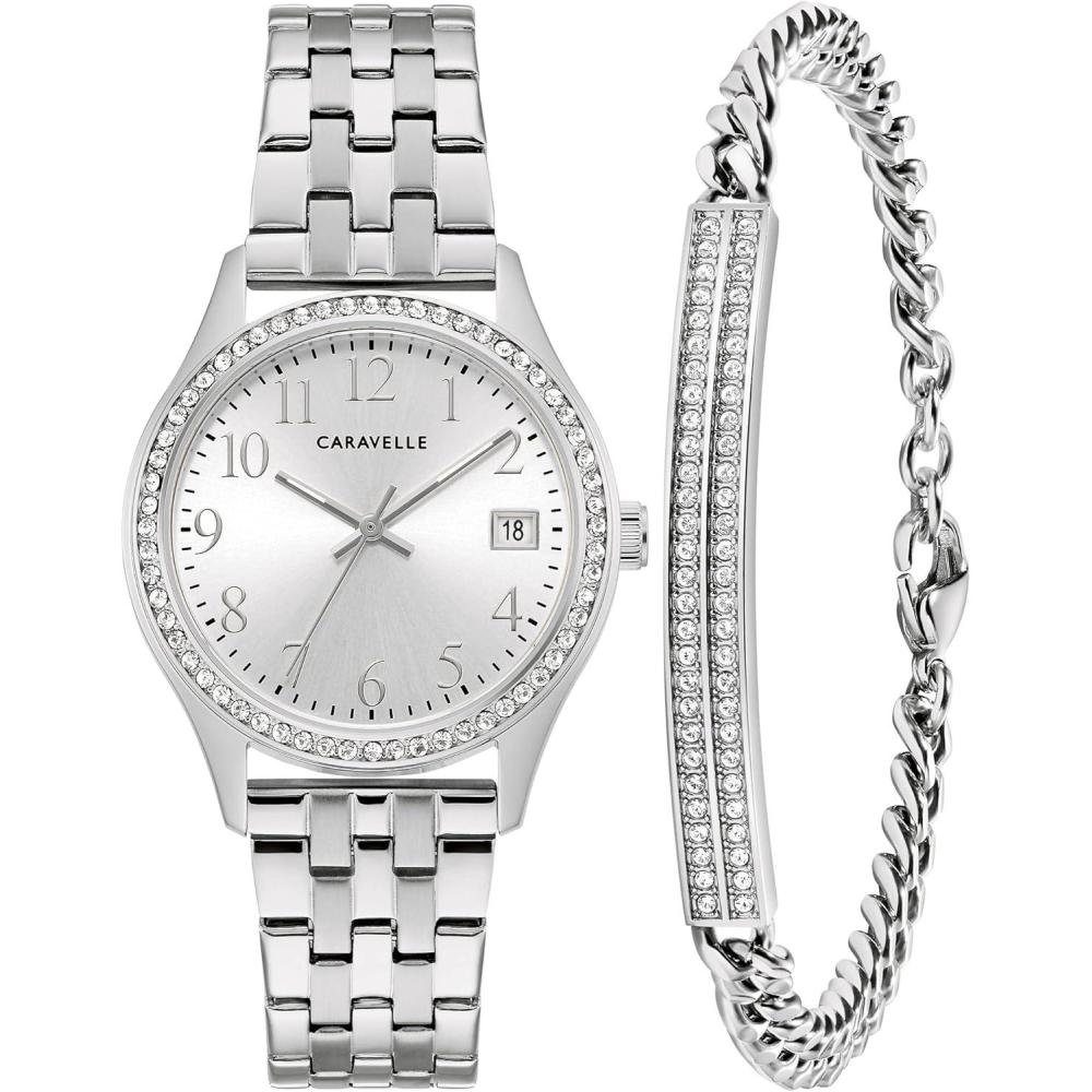 imageCaravelle by Bulova Ladies Crystal Watch and Bracelet Gift Set DayDateSilver