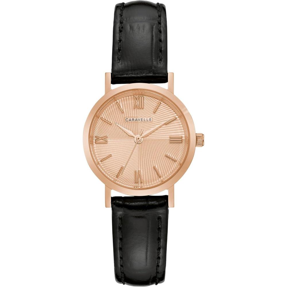 imageCaravelle by Bulova Ladies Dress 3 Hand Quartz Leather Strap Watch Stainless Steel 28mmBlackRose Gold Dial