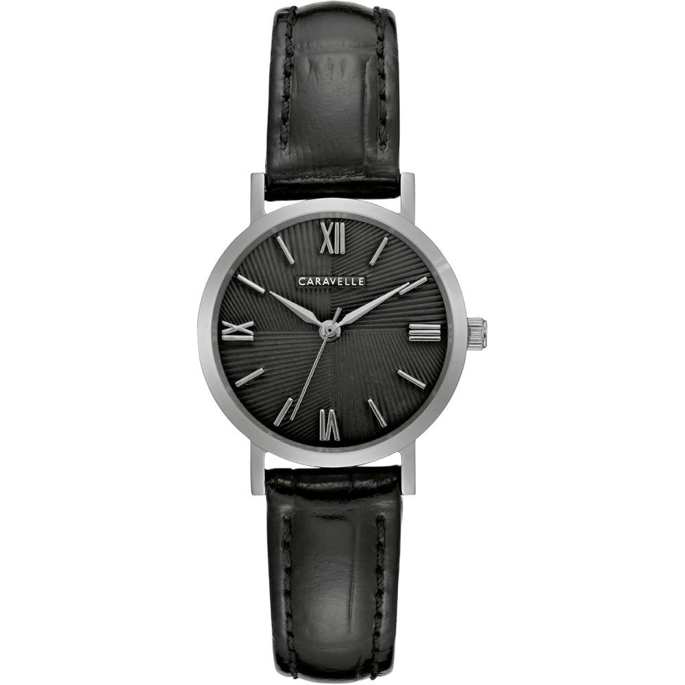 imageCaravelle by Bulova Ladies Dress 3 Hand Quartz Leather Strap Watch Stainless Steel 28mmBlackSilver