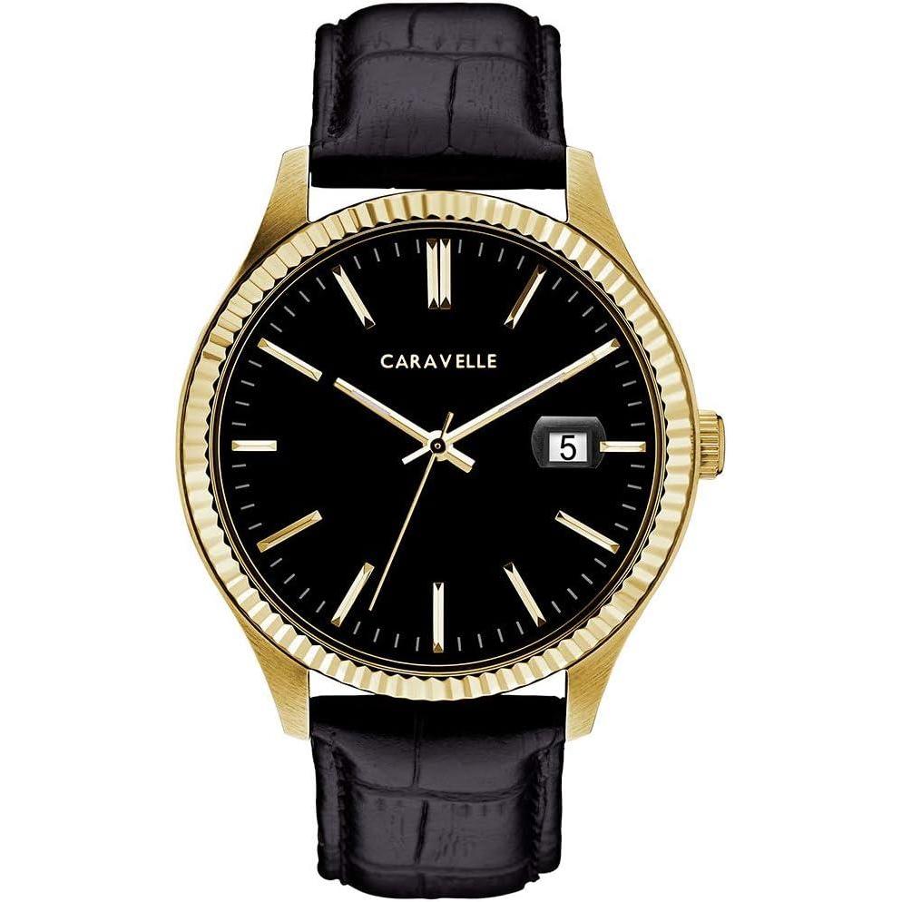 imageCaravelle by Bulova Mens Dress 3Hand Date Quartz Watch Stainless Steel Coin Edge Bezel 41mmBlack StrapGold
