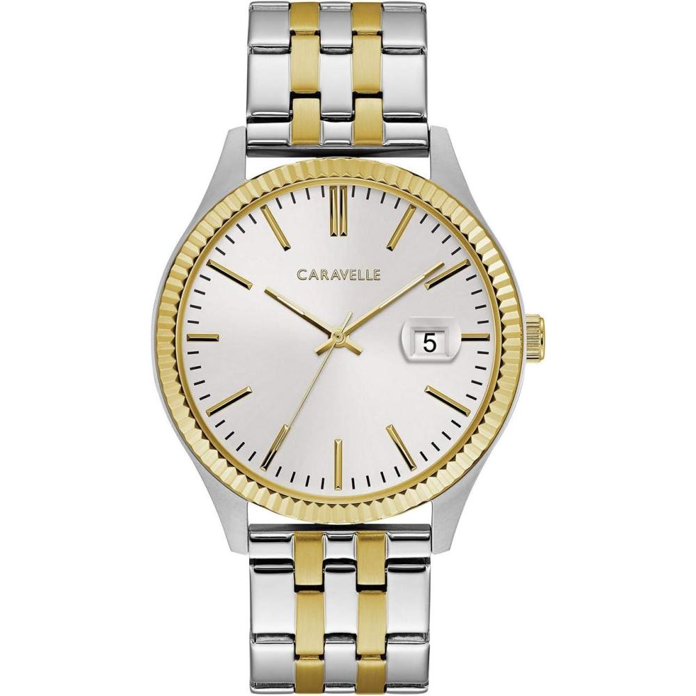 imageCaravelle by Bulova Mens Dress 3Hand Date Quartz Watch Stainless Steel Coin Edge Bezel 41mmTwo Tone Gold