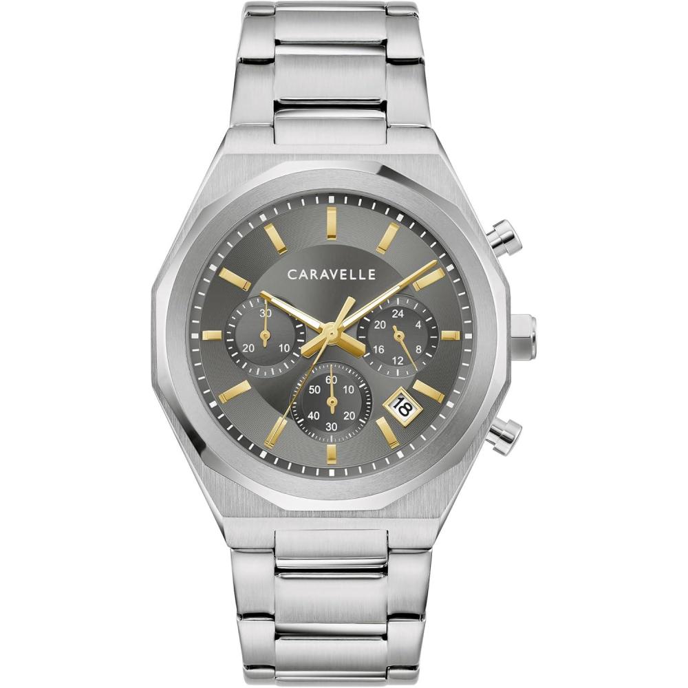 imageCaravelle by Bulova Mens Dress 6Hand Chronograph Quartz Stainless Steel Watch 24Hour TimeSilverGrey