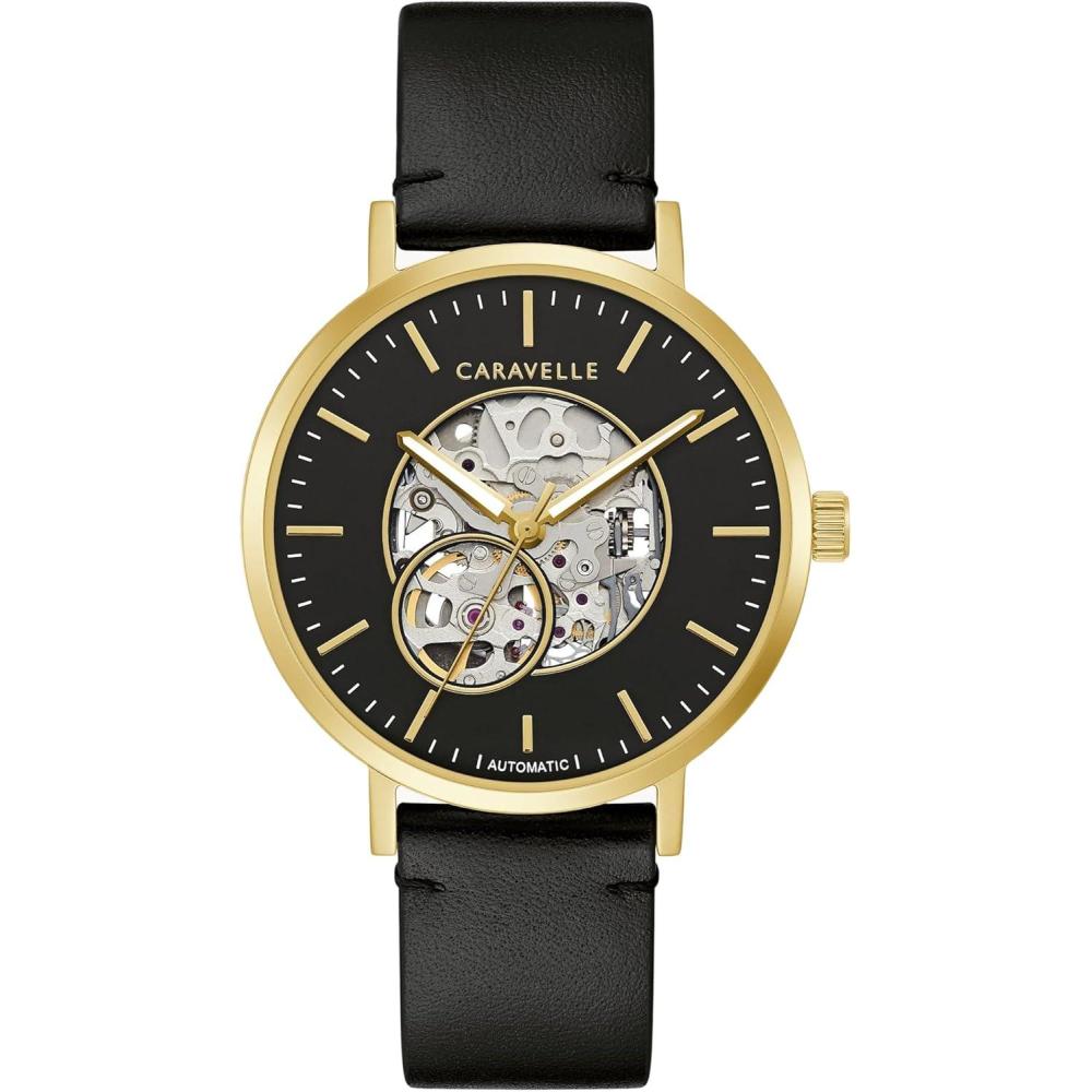 imageCaravelle by Bulova Mens Dress Automatic Watch Stainless Steel Open Aperture 41mmGold Tone Black Leather Strap