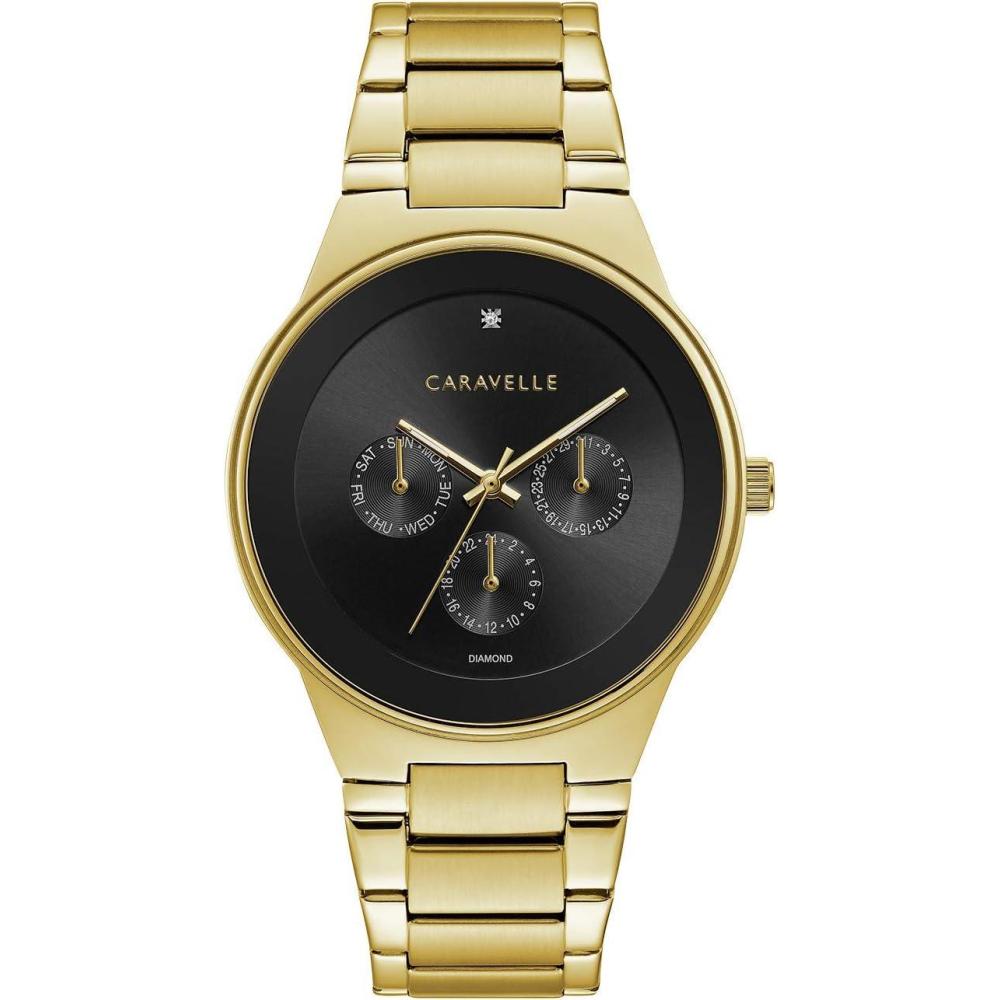 imageCaravelle by Bulova Mens Modern MultiFunction Stainless Steel Watch DayDate 24 Hour Time 40mmGold ToneBlack Dial