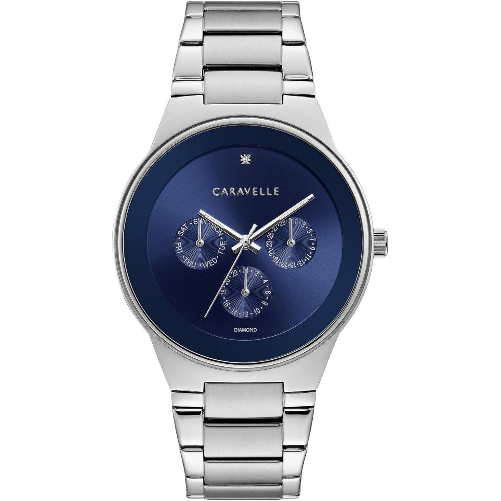 imageCaravelle by Bulova Mens Modern MultiFunction Stainless Steel Watch DayDate 24 Hour Time 40mmSilverBlue Dial