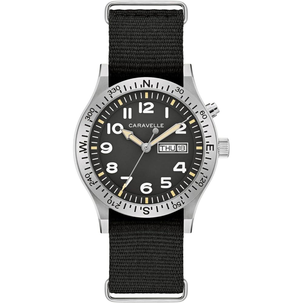 imageCaravelle by Bulova Mens Quartz Watch Vintage Lite Up Black Nylon Strap Black Dial DayDate Style 43C125