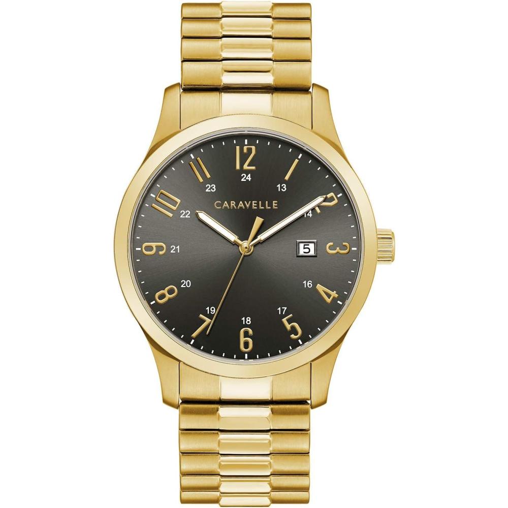 imageCaravelle by Bulova Mens Traditional Quartz Stainless Steel 3Hand Date Quartz Watch with Expansion Band 40mmGold Tone Black