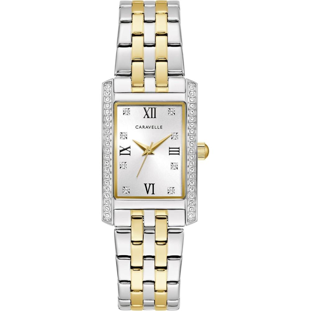imageLadies Classic Crystal 3Hand Quartz Watch Roman Numeral Markers Rectangle Case Curved Mineral CrystalTwo Tone Gold