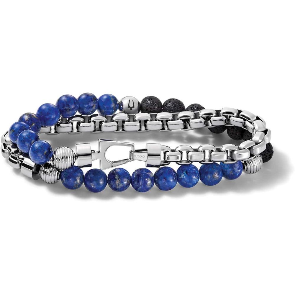 imageMens Classic DoubleWrap Box Chain and Beaded Bracelet with Tuning Fork ClosureSemiprecious Lapis