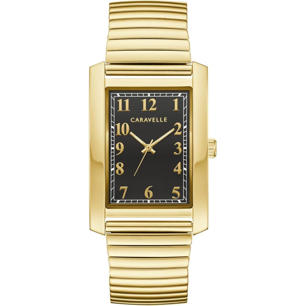 imageMens Classic Dress 3Hand Quartz Expansion Band Watch Rectangle Case Curved Mineral CrystalGold Tone Black Dial