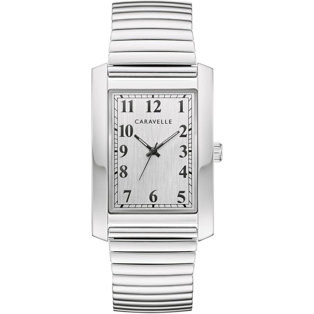 imageMens Classic Dress 3Hand Quartz Expansion Band Watch Rectangle Case Curved Mineral CrystalStainless Steel Silver