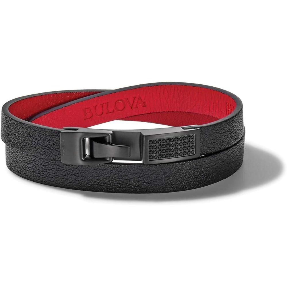 imageMens Latin GRAMMY Double Wrap Black Leather Bracelet with Red Lining and Black DiamondsMedium
