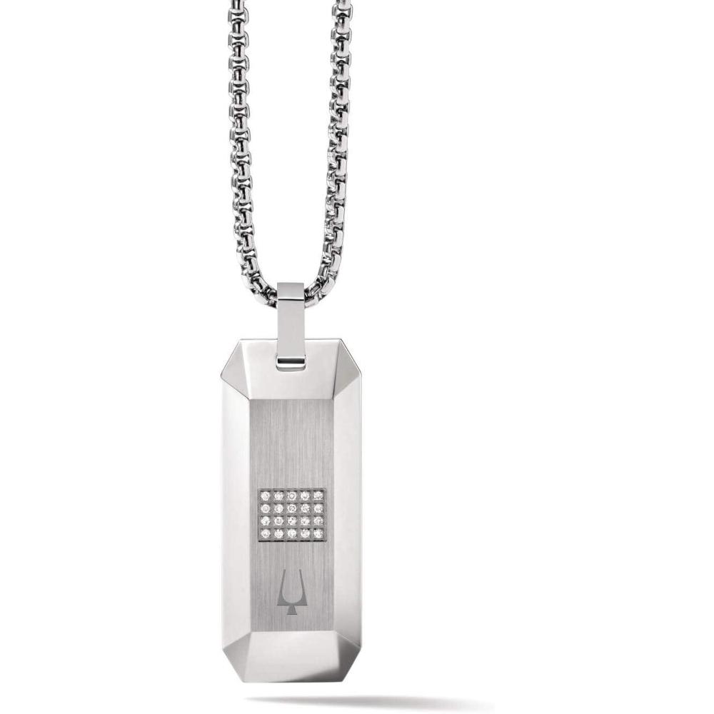 imageMens Precisionist Round Box Link Chain Necklace with Dog Tag Pendant StyleStainless White Diamonds