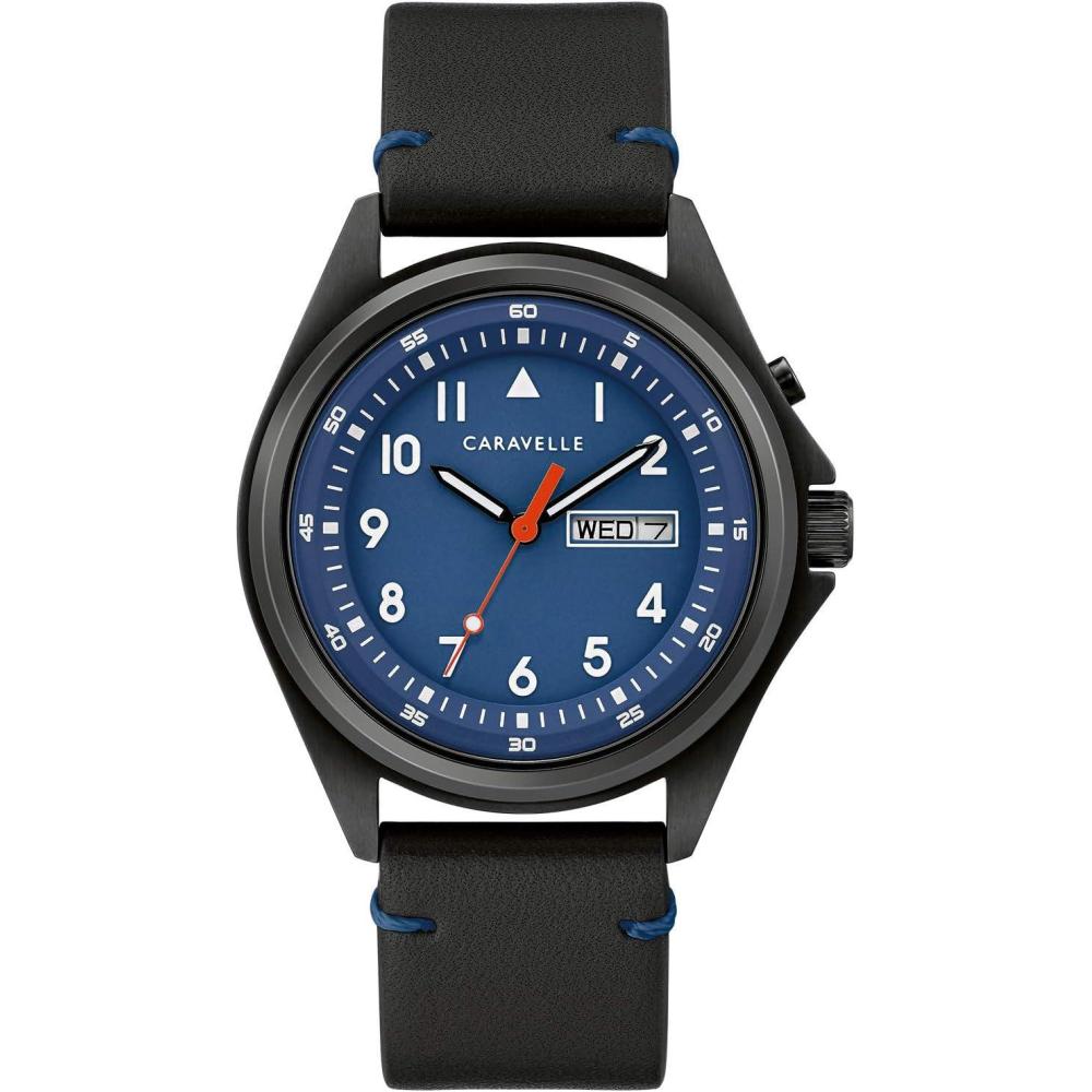 imageMens Traditional 3Hand Day and Date Quartz Watch Light Up Stainless Steel 40mmBlack Leather StrapBlackBlue Dial