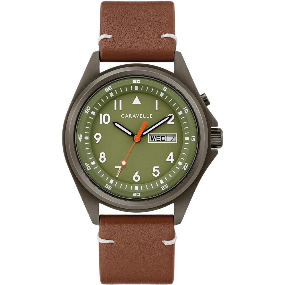 imageMens Traditional 3Hand Day and Date Quartz Watch Light Up Stainless Steel 40mmBrown Leather StrapGreyGreen Dial