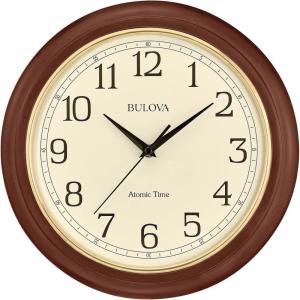 Bulova Atomic Time 2 Analog Wall Clock C5004 | 12.4″ Wooden Frame, Sets Time Automatically | Quartz Movement | Battery Operated | Classic Design(Large)