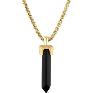 Bulova Jewelry Men’s Icon Black Onyx Obelisk Shaped Pendant, 14k Yellow Gold Plated Sterling Silver Round Box Link Chain Necklace, Length 24″ to 26″, Style: BVP1017-YSBA