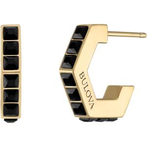 Bulova Jewelry Men’s Icon Gold Stainless Steel with Black Spinel Inlay Open Hexagon Shape C-Hoop Earrings, Style: BVE1015-GSTBSP