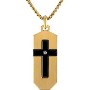 Bulova Jewelry Men’s Icon Gold and Black Stainless Steel, Cross Inlay with Diamond Accent Dog Tag Pendant, Round Box Link Chain Necklace,Length 24″-26″, Style: BVC1076-G6STQ7