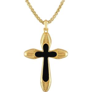 Bulova Men’s Jewelry 14k Gold-Plated Sterling Silver Necklace, Cross Pendant with Black Agate Inlay and Round Box Link Chain, Style:BVP1018-YSBA