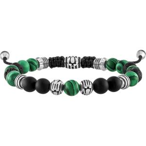 Bulova Men’s Jewelry Classic Semi-Precious Beaded Bolo Bracelet, Stainless Steel, Matte Black Onyx, Sliding Clasp, 8MM Beads(Malachite / Black Lava Beads)