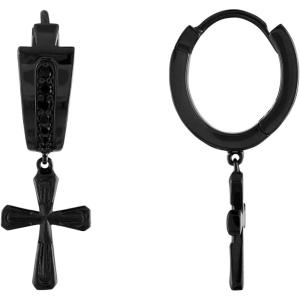 Bulova Men’s Jewelry Icon Black Ruthenium Plated Sterling Silver, Diamond Cross Dangle Hoop Earrings Style: BVE1005-GMSAA