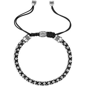 Bulova Men’s Jewelry Polished Silver -Tone Stainless Steel Bracelet, Rounded Box Chain Link Black Cords, Signature Tuning Fork Logo Style: BVB1089-SBSTBA