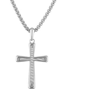 Bulova Men’s Jewelry Rhodium Plated Sterling Silver Cross Pendant Necklace with Dasmascus Steel Inlay, Round Box Link Chain, Style:BVP1004-WMMNA