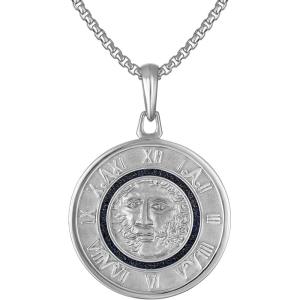 Bulova Men’s Jewelry Silver-Tone Sterling Silver Pendant Antiqued-Black Frame Surrounding A Closeup Of Chronos, The God Of Time, Rounded Box Link Chain Necklace, Length 24″ To 26″ Style: BVP1111-WSNA