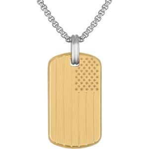 Bulova Men’s Jewelry Two-Tone Matte Finish Stainless Steel, The Stars And Stripes and 150Bulova Etching, Rounded Box Link Chain Necklace Adjusts From 24″ To 26″ Style: BVP1115-GSTNA