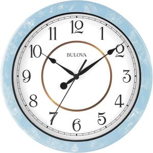 Bulova Skylark Wall Clock C4884 | 10.25″ Sky-Blue Resin Case with Cloud Pattern | Silent Sweep Quartz Movement | Battery Operated | Outdoor Waterproof Wall Décor