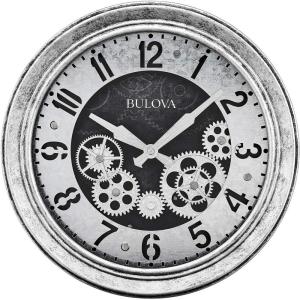 Bulova The Industrial Wall Clock C4339 | 13″ Diameter | Open Gear Design | Antique Silver Finish | Quartz Movement