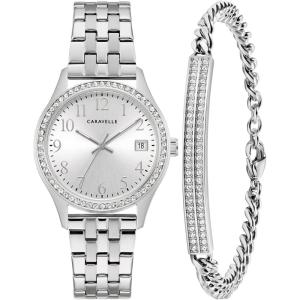 Caravelle by Bulova Ladies’ Crystal Watch and Bracelet Gift Set, Day-Date(Silver)